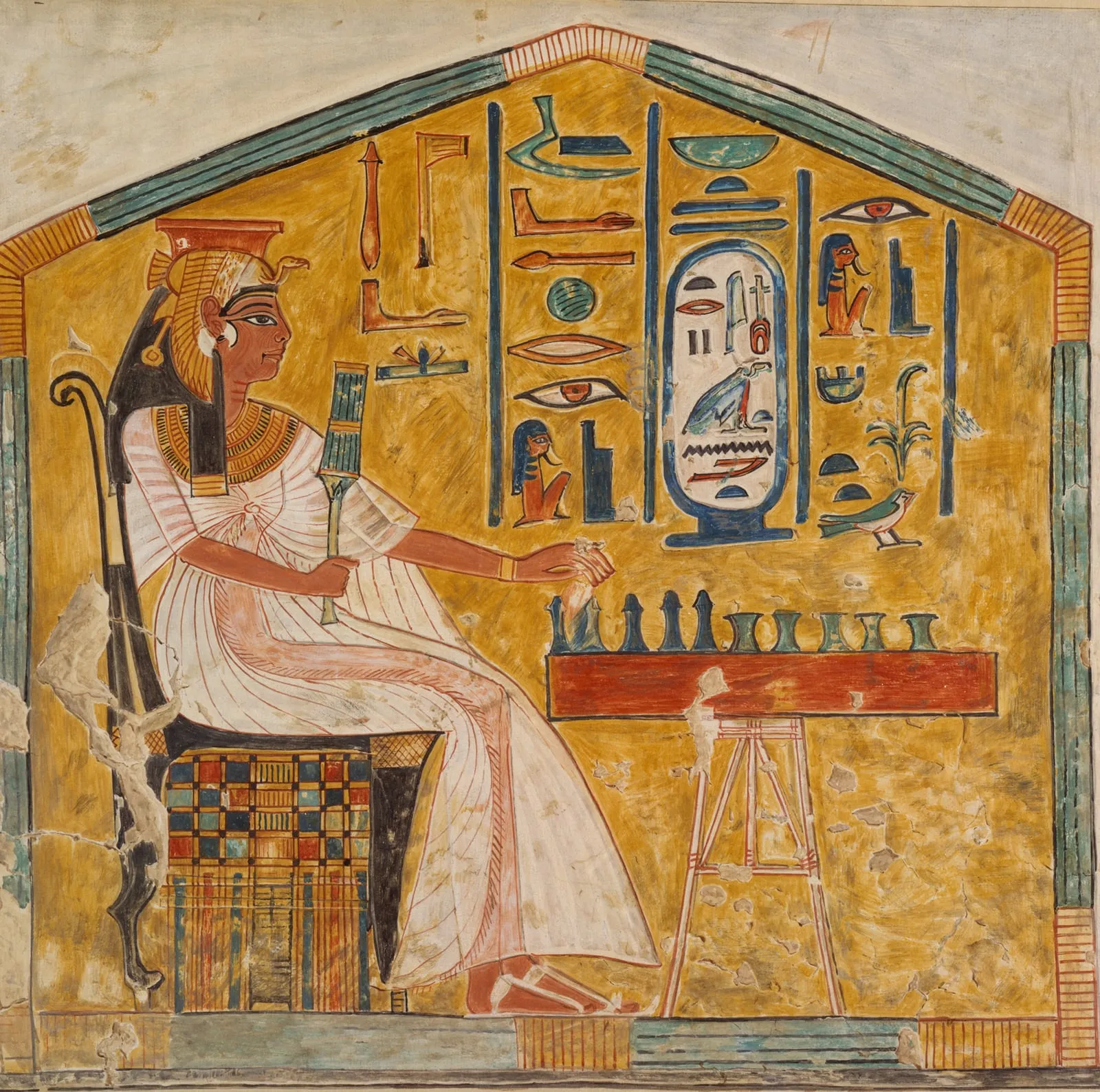 Pintura egípcia antiga retratando a rainha Nefertari jogando Senet
